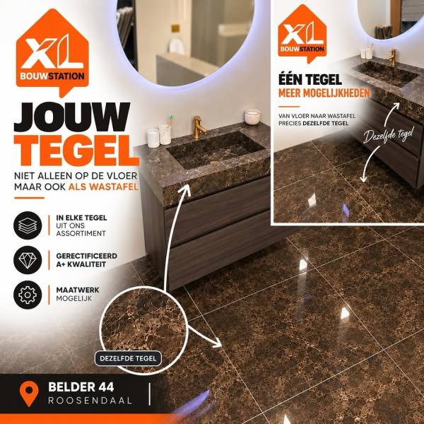 Wastafel op maat met donkerbruine aders en bijpassende glanzende vloertegels bij BouwStation XL in Roosendaal