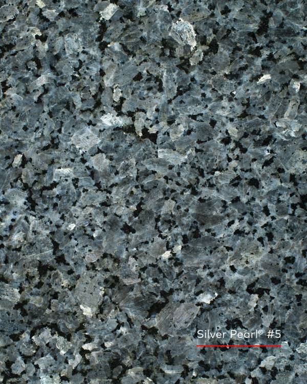 Silver Pearl® larvikiet met grote zilvergrijze en blauwgrijze kristallen en donkere accenten.