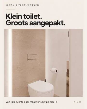 Grootformaat Dekton met beige toiletachterwand en geïntegreerde drukknop bij Jerry's Tegelwerken in Amersfoort