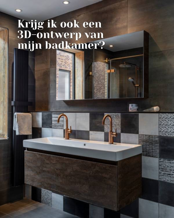 Badkamer met patroontegels, koperkleurige kranen, een brede witte wastafel en een donker hangend wastafelmeubel.