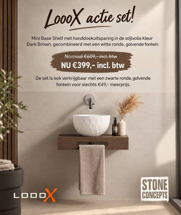 LoooX fonteinset met witte reliëfkom en Dark Brown-plank met handdoekuitsparing bij Stone Concepts in Naaldwijk