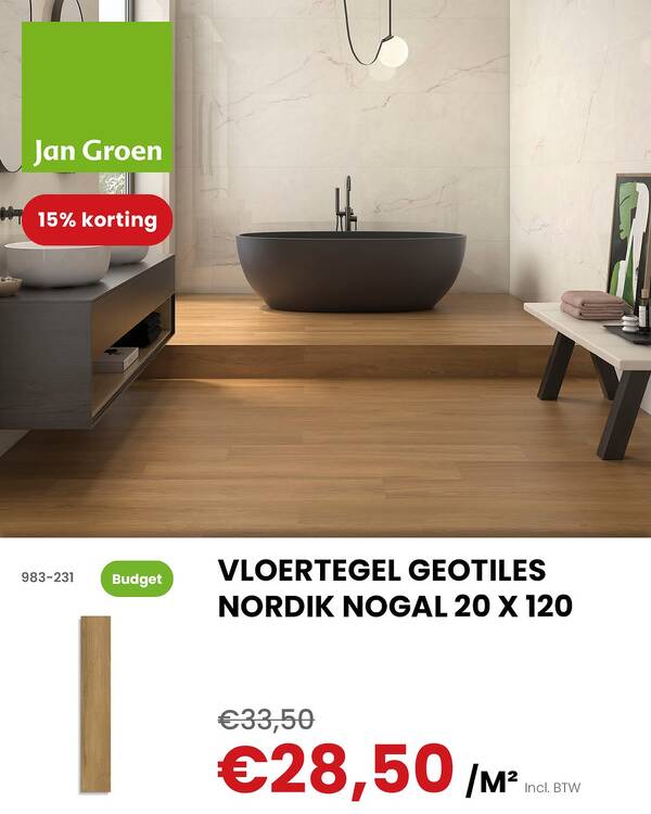 Geotiles Nordik Nogal houtlook vloertegels in een badkameropstelling bij Jan Groen Tegels in Bleiswijk