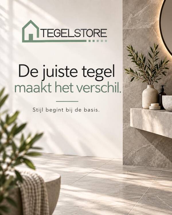 Beige badkamertegels met lichte aders op wand en vloer bij een wastafelopstelling bij TegelStore.nl in Roosendaal