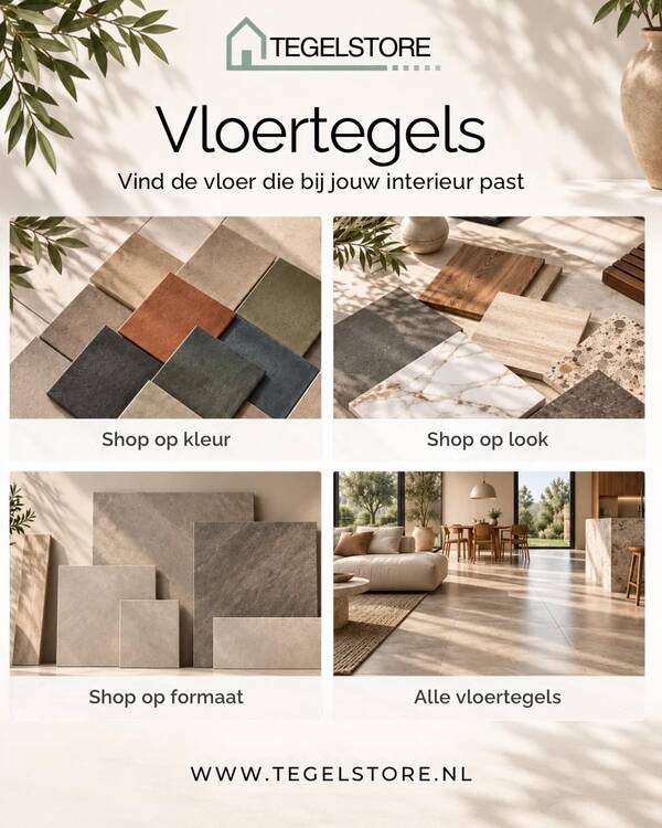 Vloertegels in diverse kleuren, looks en formaten, met een woonkamervoorbeeld bij TegelStore.nl in Roosendaal