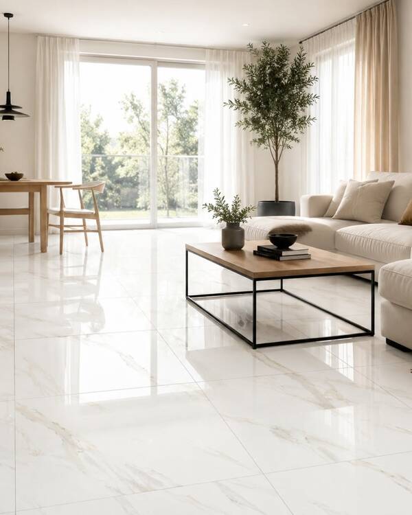 Luxe woonkamer met Carrara Vitro Goud tegels
