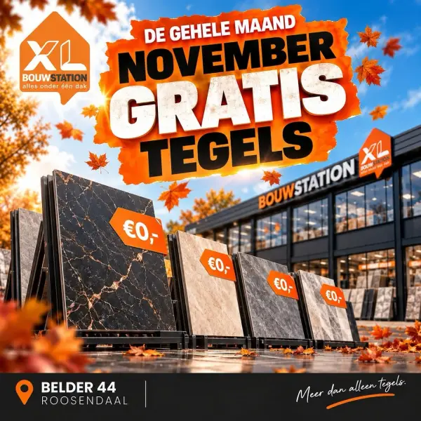 Novemberactie van BouwStation XL met gratis tegels, marmerlook tegelpanelen en herfstbladeren.