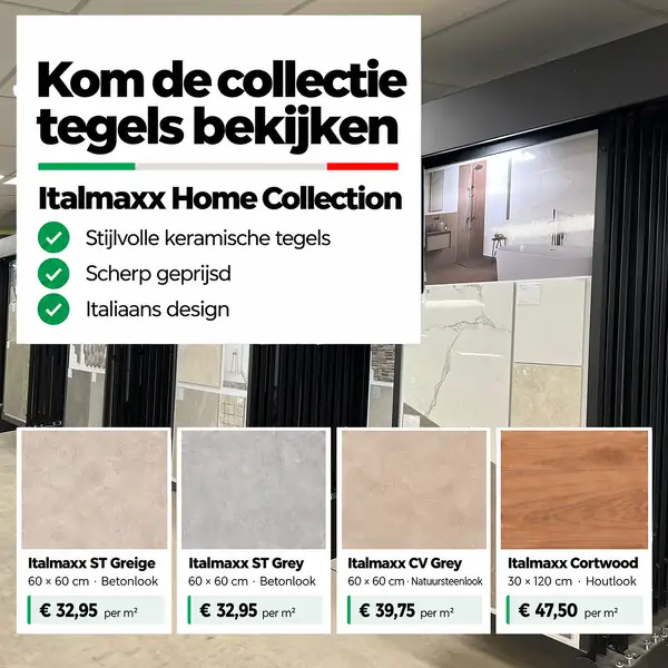 Italmaxx Home Collection met lichte tegelpanelen en betonlook- en houtlookstalen bij Tegelmaxx in Hengelo