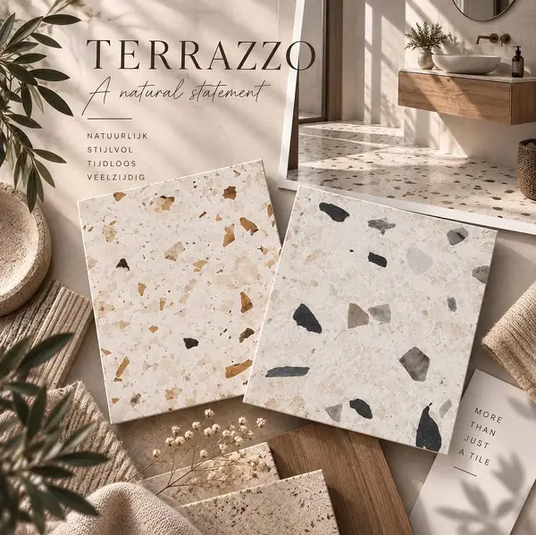 Terrazzo met lichte tegelstalen en badkamerinspiratie bij Betting Ressing Tegels en Sanitair in Groenlo
