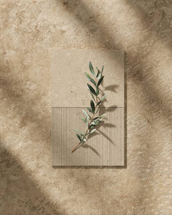 Pierre Vive tegelstalen in beige, met steenlook en fijne verticale lijnen, bij Kronos Ceramiche