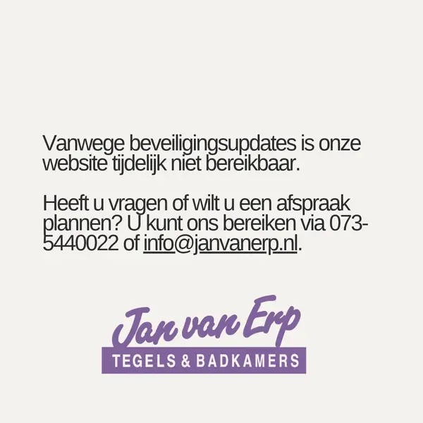 Mededeling over de tijdelijk onbereikbare website, met contactgegevens en het paarse logo van Jan van Erp.